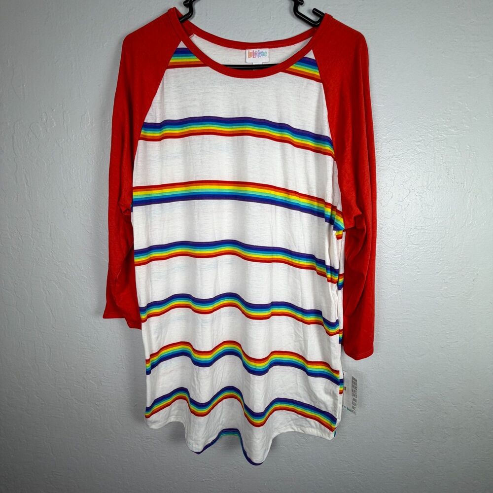 LuLaRoe Randy Shirt Womens 2XL Rainbow Stripe Red White Raglan Baseball Tee NWT
